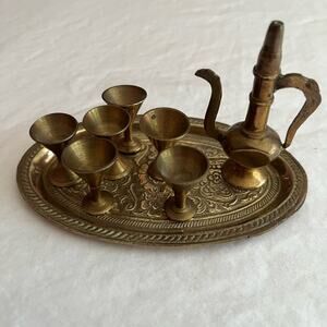 Miniature Brass Turkish Style Teapot Goblets Embossed 8pc Tray Set Metal